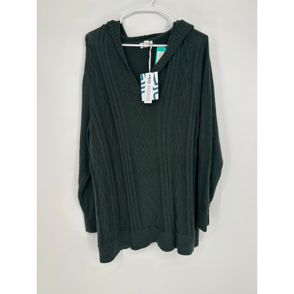 Hooded Women 2X Dark Green Cable Knit Sweater NWT Fisherman Layering Cottagecore